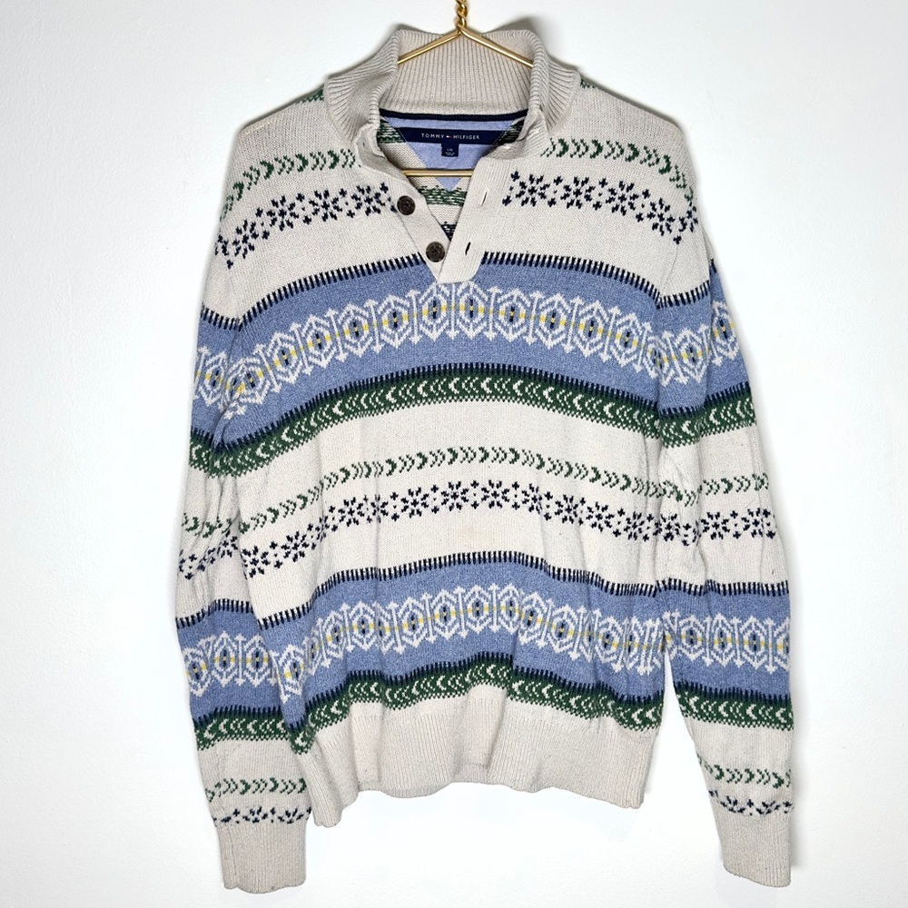 Tommy Hilfiger Oversized Knit Fisherman Grandpa Sweater Fair Isle Large Cream